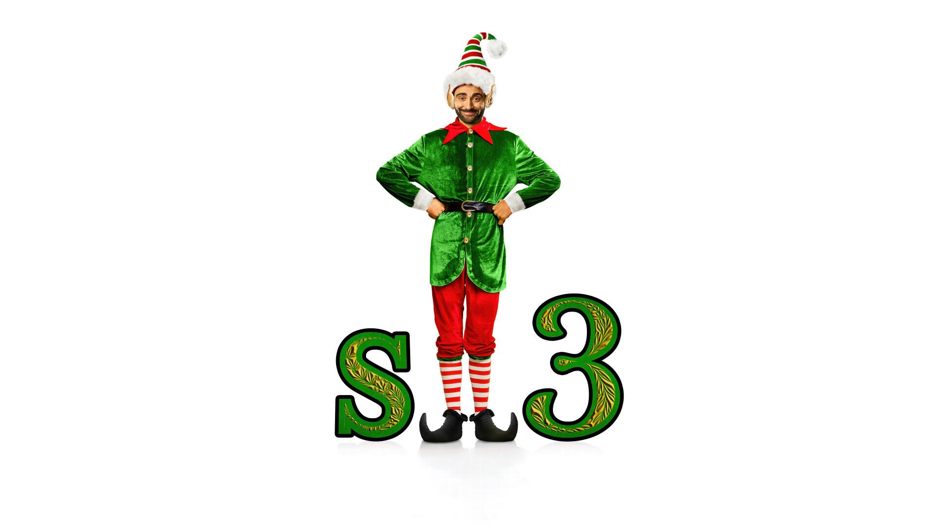 8K Ultra HD PC desktop wallpaper featuring a festive elf standing between large green S and 3 letters, referencing Sonic the Hedgehog 3.