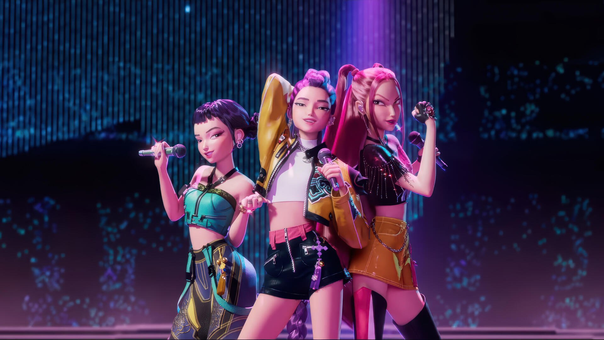 4K Ultra HD PC desktop wallpaper featuring three vibrant, futuristic KPop Demon Hunters posed confidently against a neon-lit digital backdrop.
