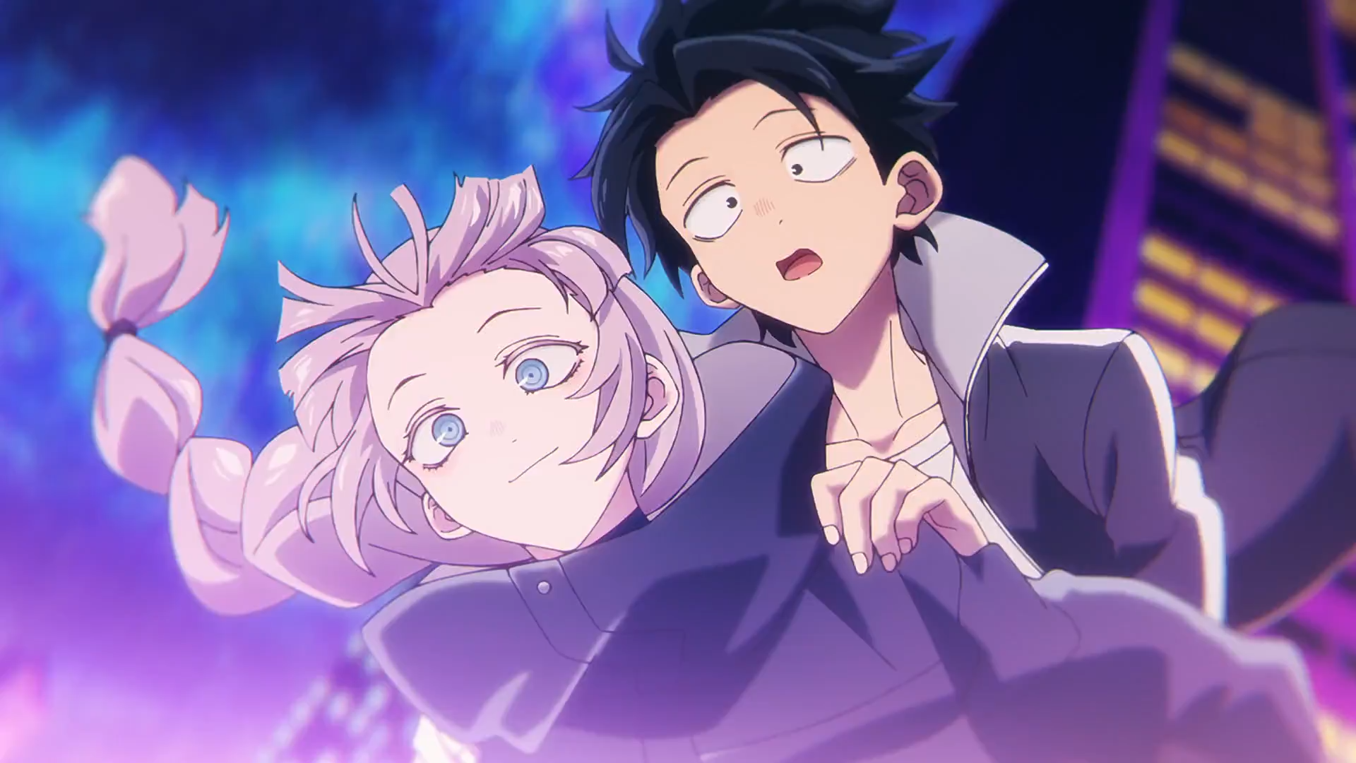 HD anime desktop wallpaper featuring Nazuna Nanakusa and Kou Yamori from Call of the Night with vibrant colors and dynamic night city background.