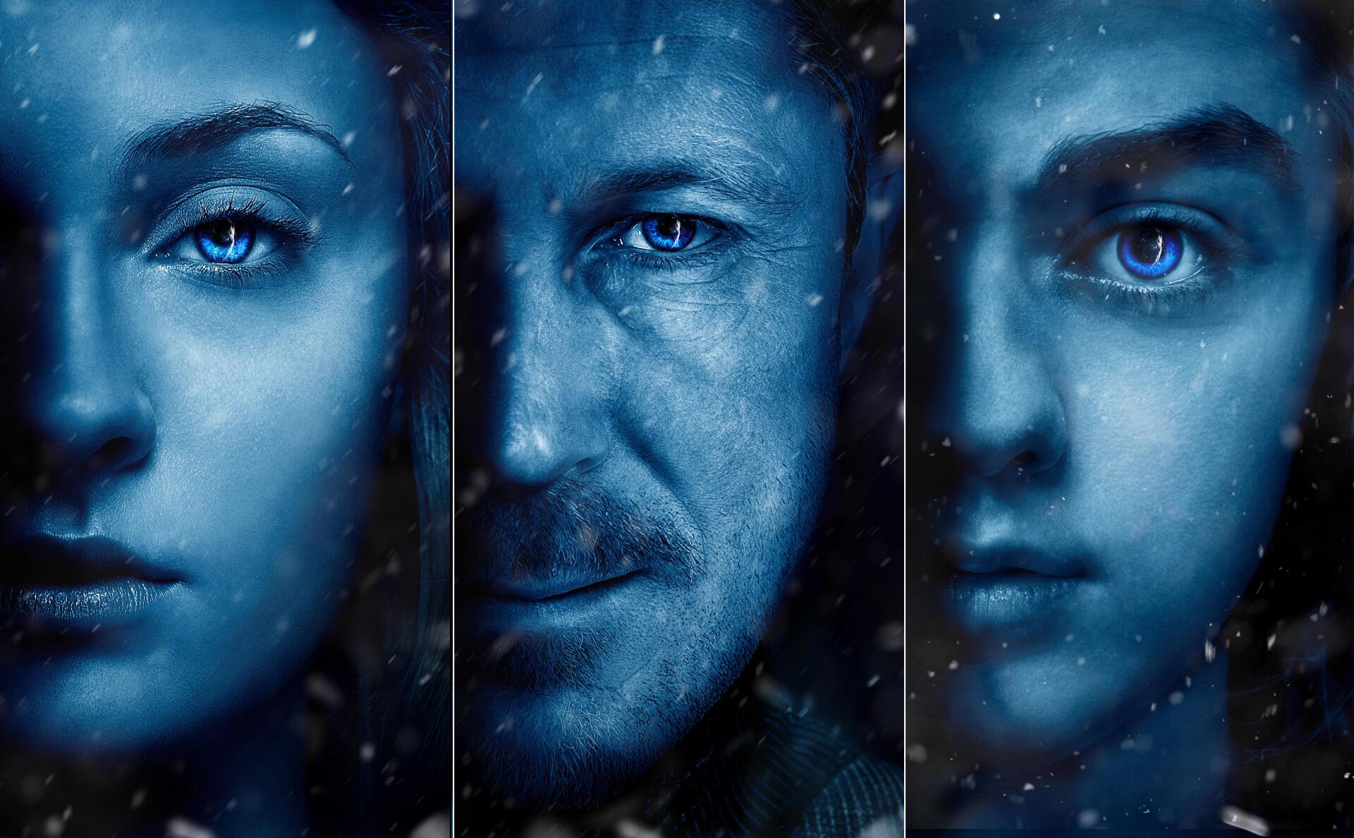 A 4K Ultra HD Game of Thrones PC desktop wallpaper featuring close-up portraits of three iconic characters with blue tones and falling snow effects.