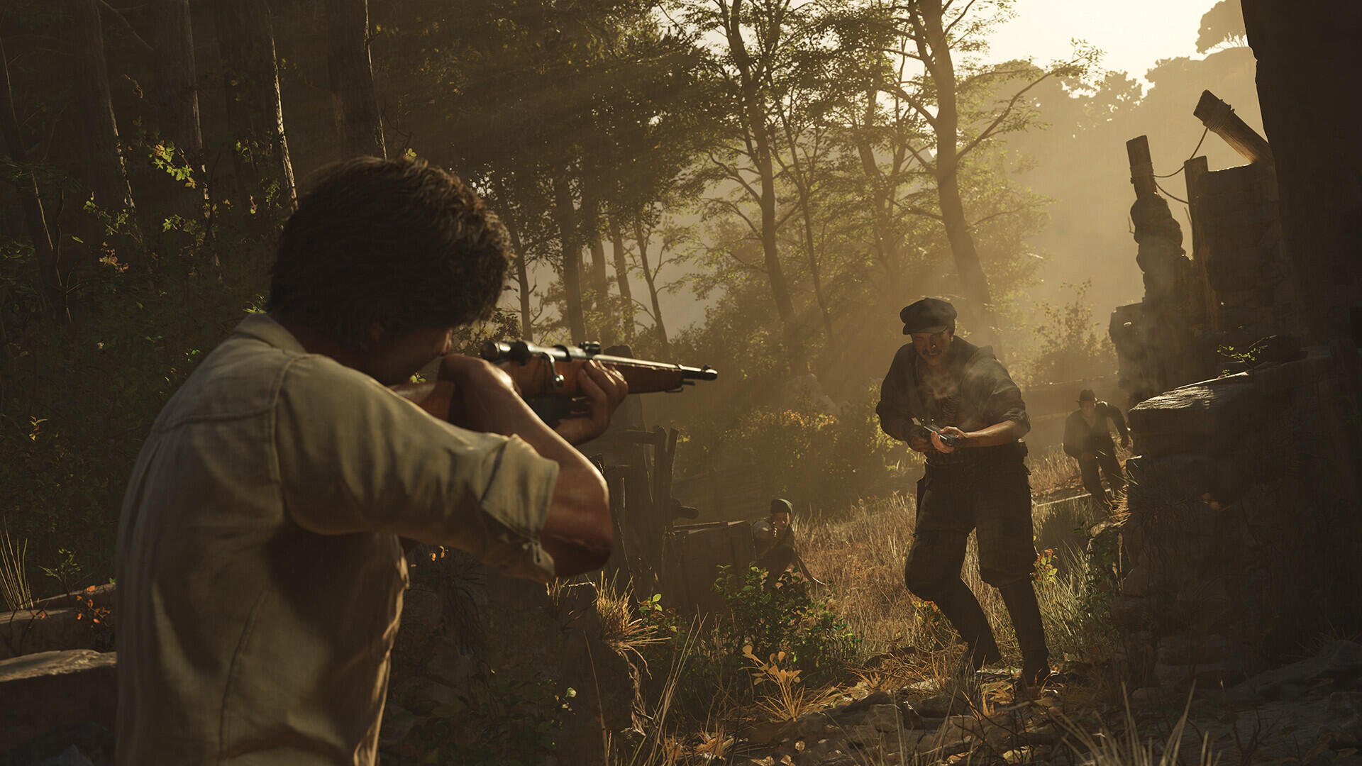 HD PC desktop wallpaper from the video game Mafia: The Old Country, depicting a tense standoff between two characters in a misty forest setting.