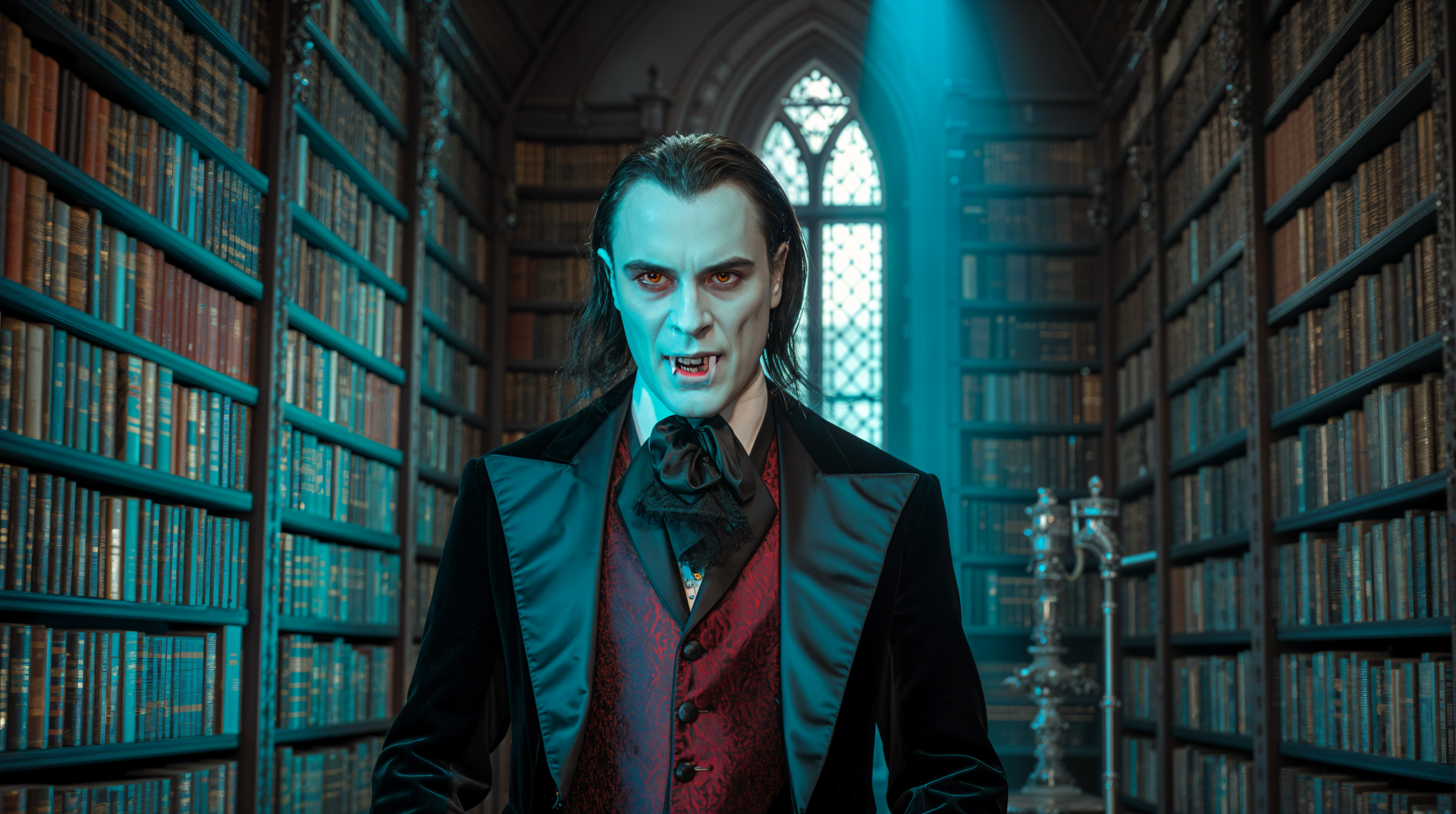 4K Ultra HD PC desktop wallpaper of Dracula standing in a dimly lit, gothic library with tall bookshelves and a stained-glass window casting eerie light.