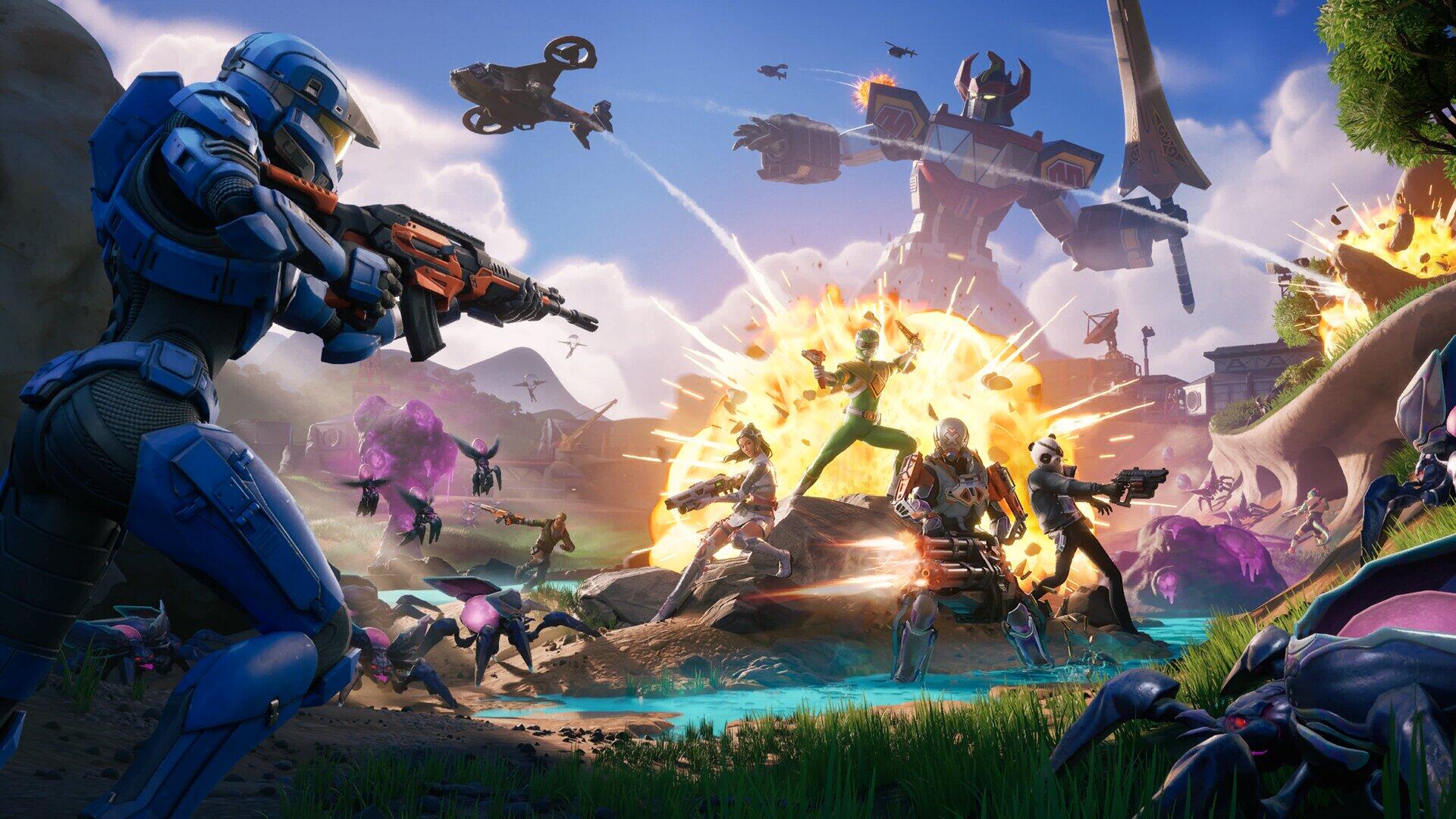 HD PC desktop wallpaper featuring an intense Fortnite battle scene with armored characters, drones, and explosions in a vibrant video game environment.