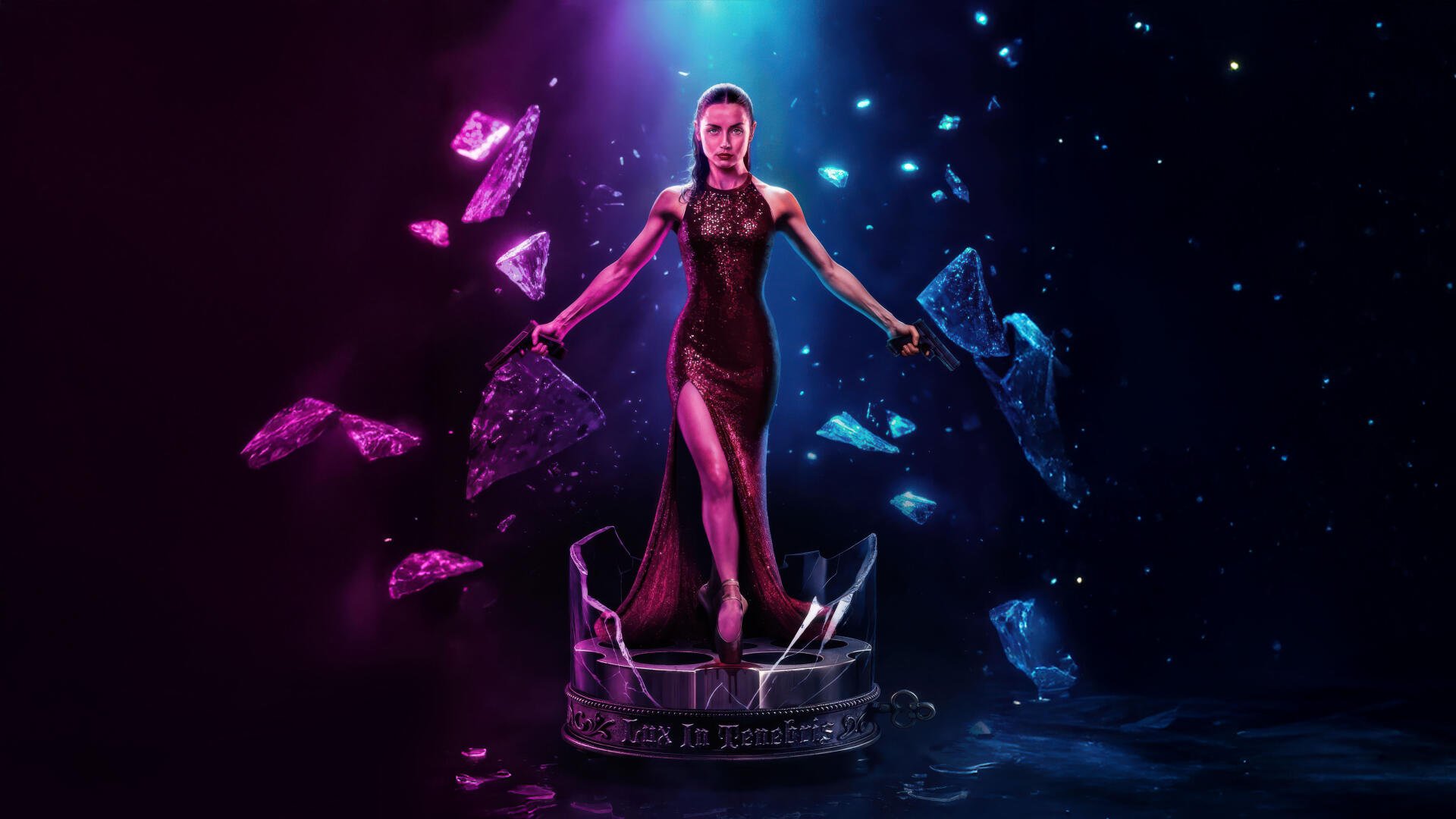 A stunning 4K Ultra HD PC wallpaper from Ballerina (2025) featuring a poised ballerina in a dark dress surrounded by glowing, fragmented crystal shards against a moody background.