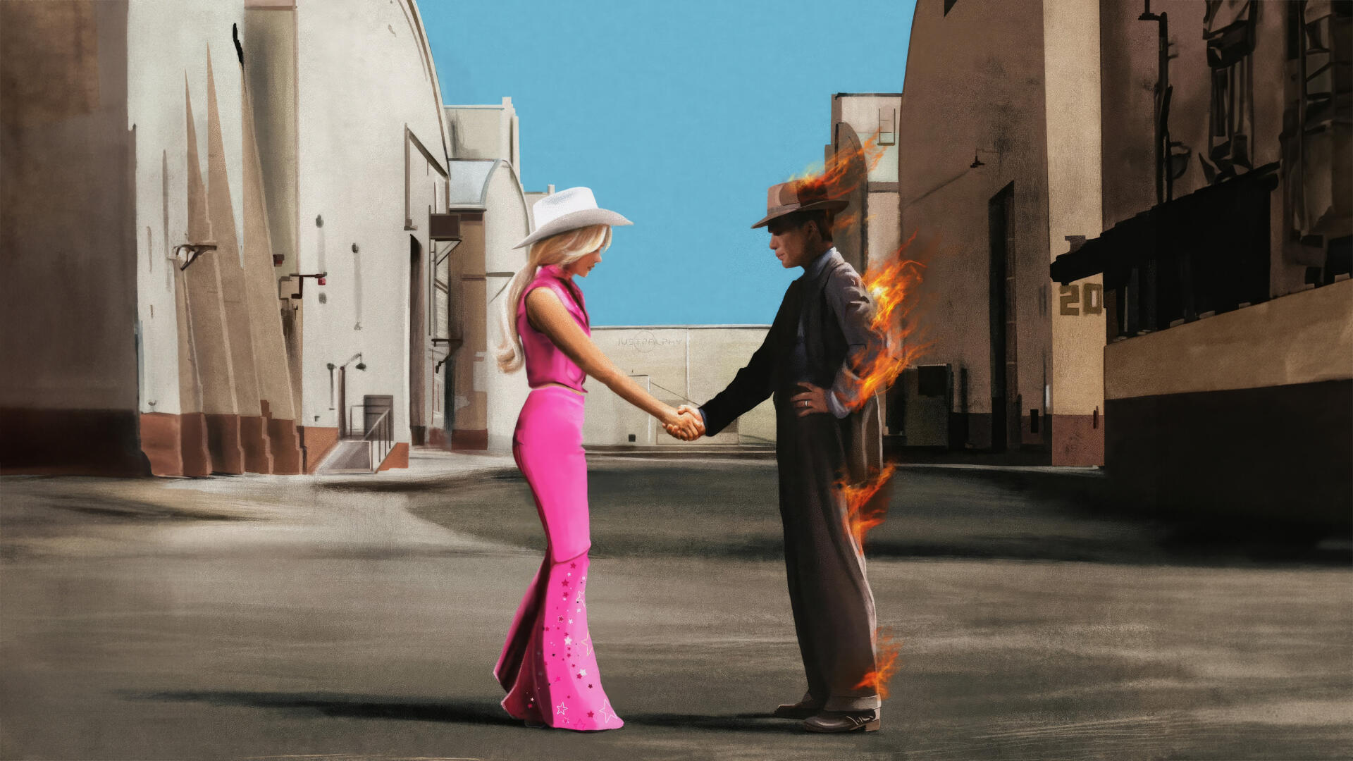 Oppenheimer 4K Ultra HD PC desktop wallpaper/background: two figures hold hands on an empty studio street — one in a pink dress, the other in a suit with flames along his back.