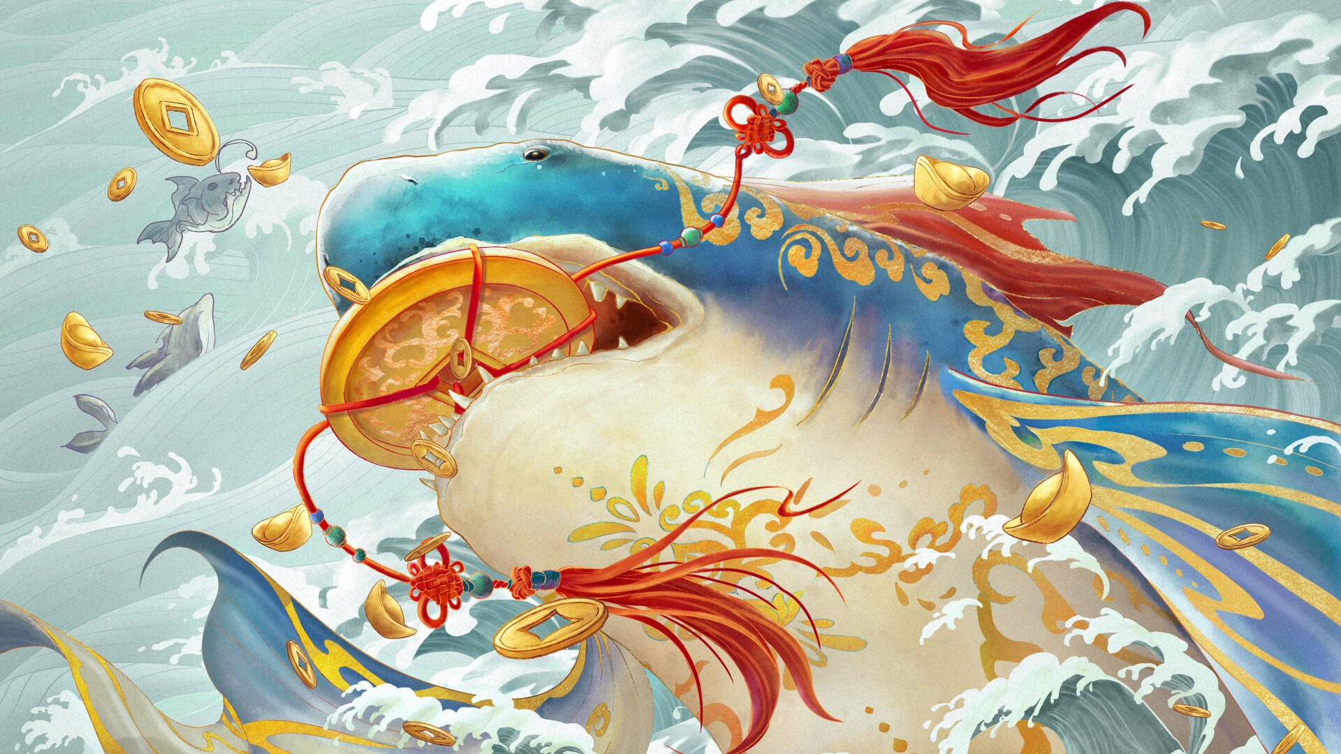 Meg 2: The Trench 4K Ultra HD PC desktop wallpaper — ornate shark draped in blue-gold ceremonial cloth with red tassels and gold coins, surging through stylized ocean waves.