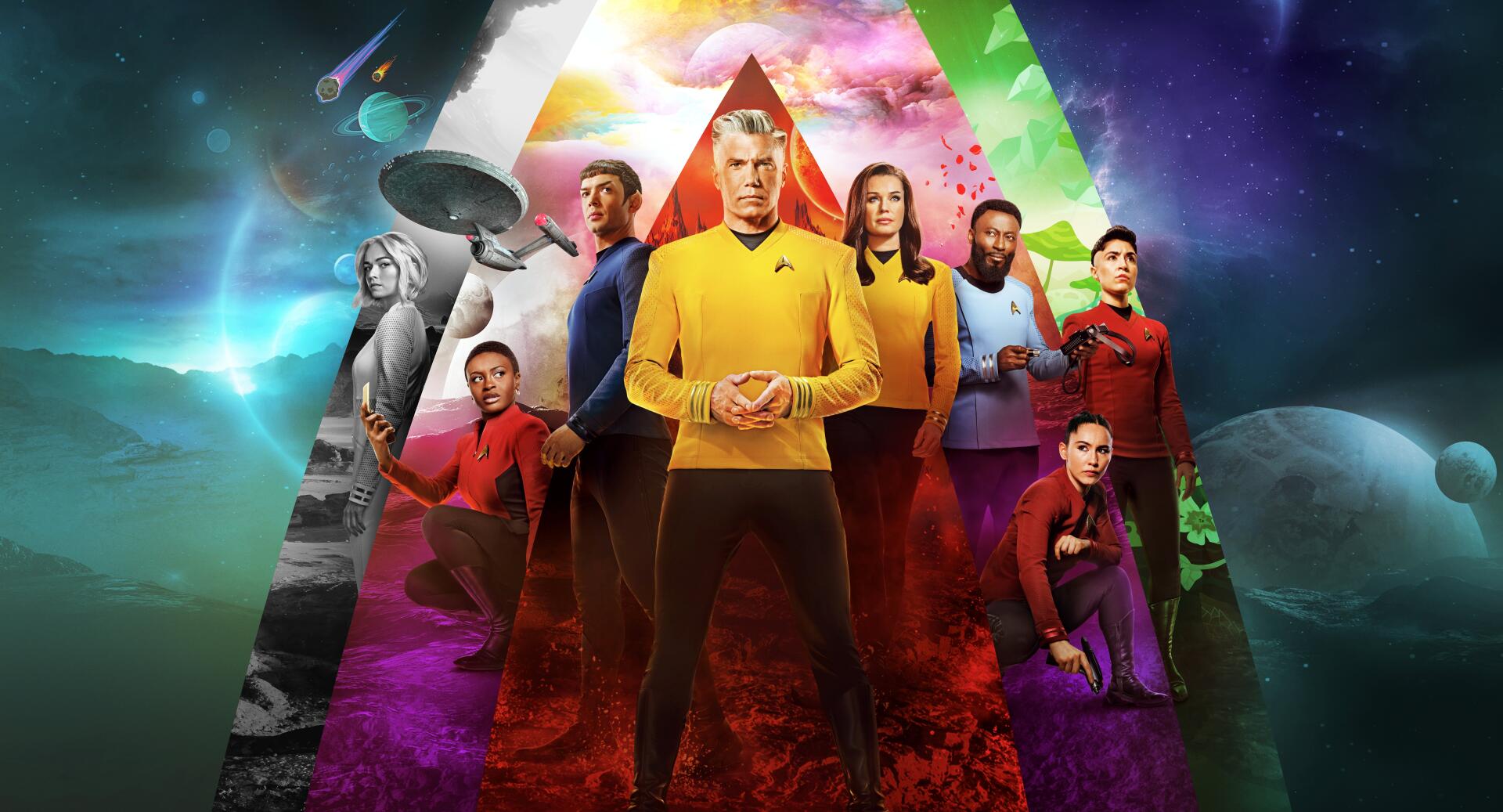 Vibrant 8K Ultra HD PC desktop wallpaper of Star Trek: Strange New Worlds ensemble posed in a colorful triangular-prism design against a nebulous space and planet backdrop.