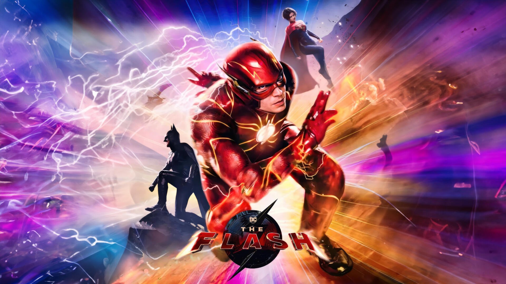 The Flash (2023) 4K Ultra HD PC wallpaper: The Flash in red suit racing forward with lightning streaks, silhouettes of other figures and a vibrant purple-orange speed energy backdrop.