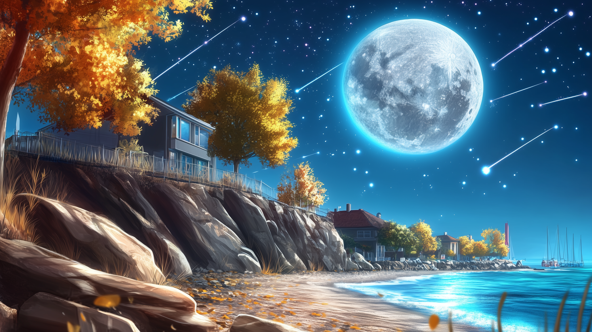 HD PC desktop wallpaper: fantasy coastal landscape with a glowing Sturgeon Moon, meteor shower and streaking shooting stars above a rocky shore and seaside house framed by autumn trees.
