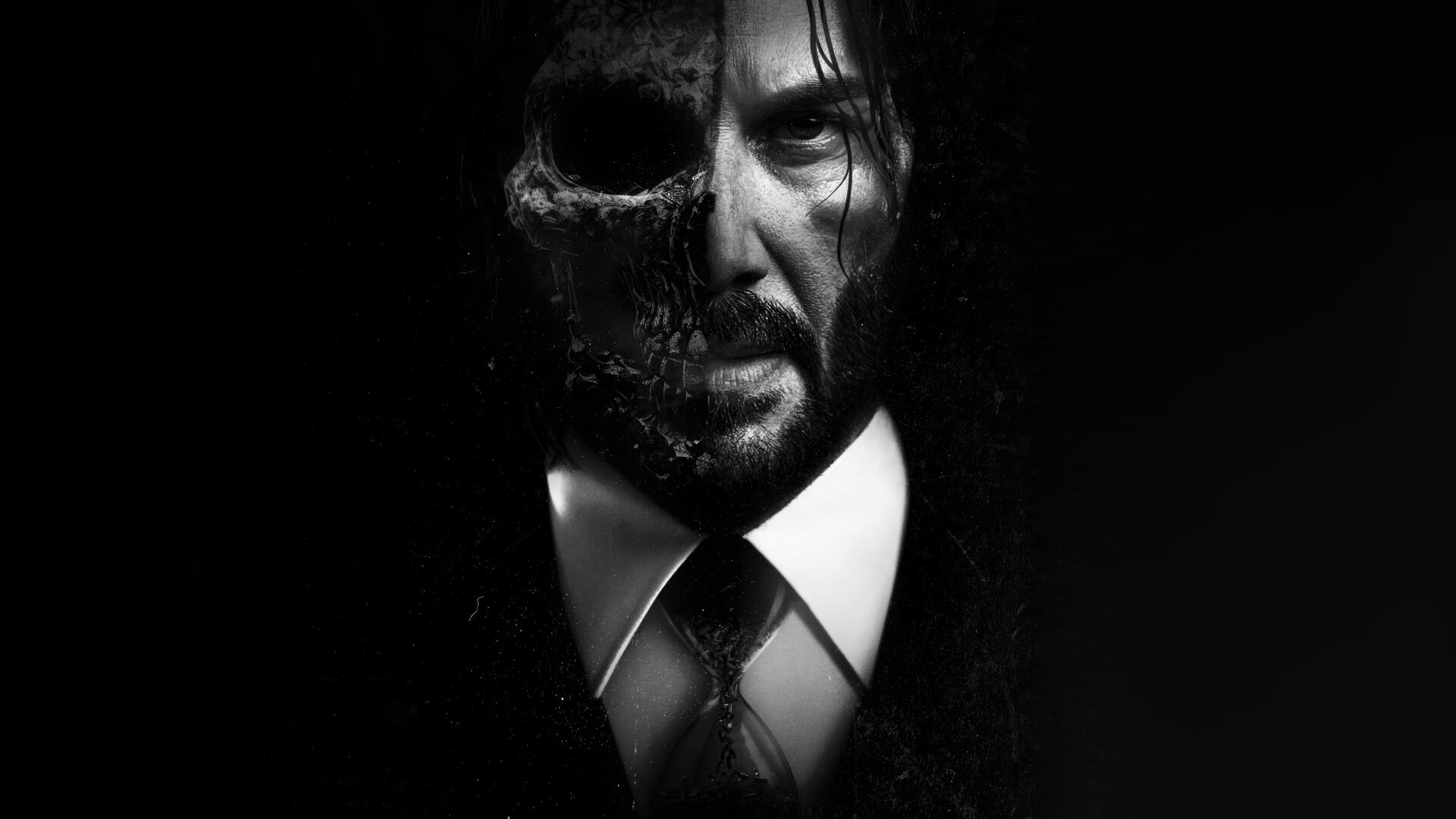 John Wick: Chapter 4 4K Ultra HD PC desktop wallpaper — high-contrast split-face portrait: half man, half skull, wearing a suit and tie against a black background.