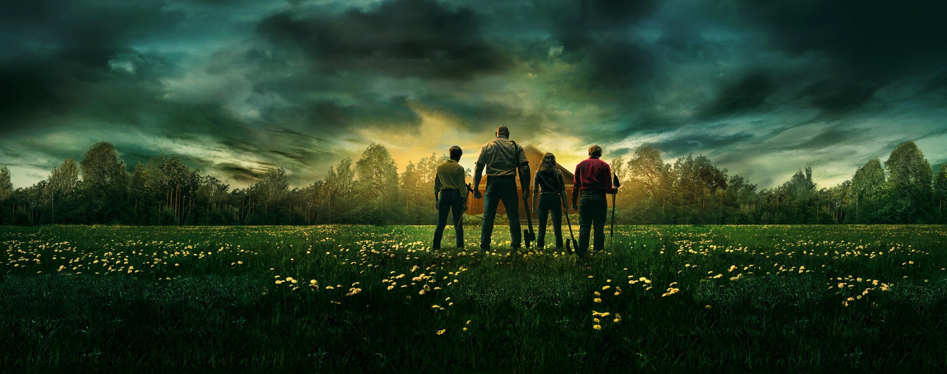 Five silhouetted figures stand in a flowered meadow facing a distant cabin beneath a dramatic stormy sky — Knock at the Cabin, 4K Ultra HD PC desktop wallpaper and background.