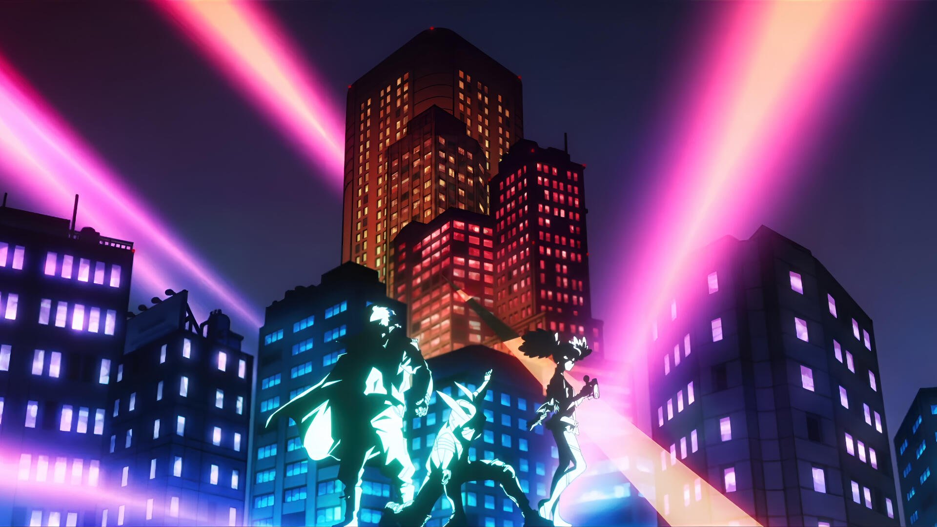 My Hero Academia: Vigilantes 4K Ultra HD PC desktop wallpaper and background — neon-lit city skyline, towering skyscrapers and silhouetted vigilante figures beneath sweeping searchlights.