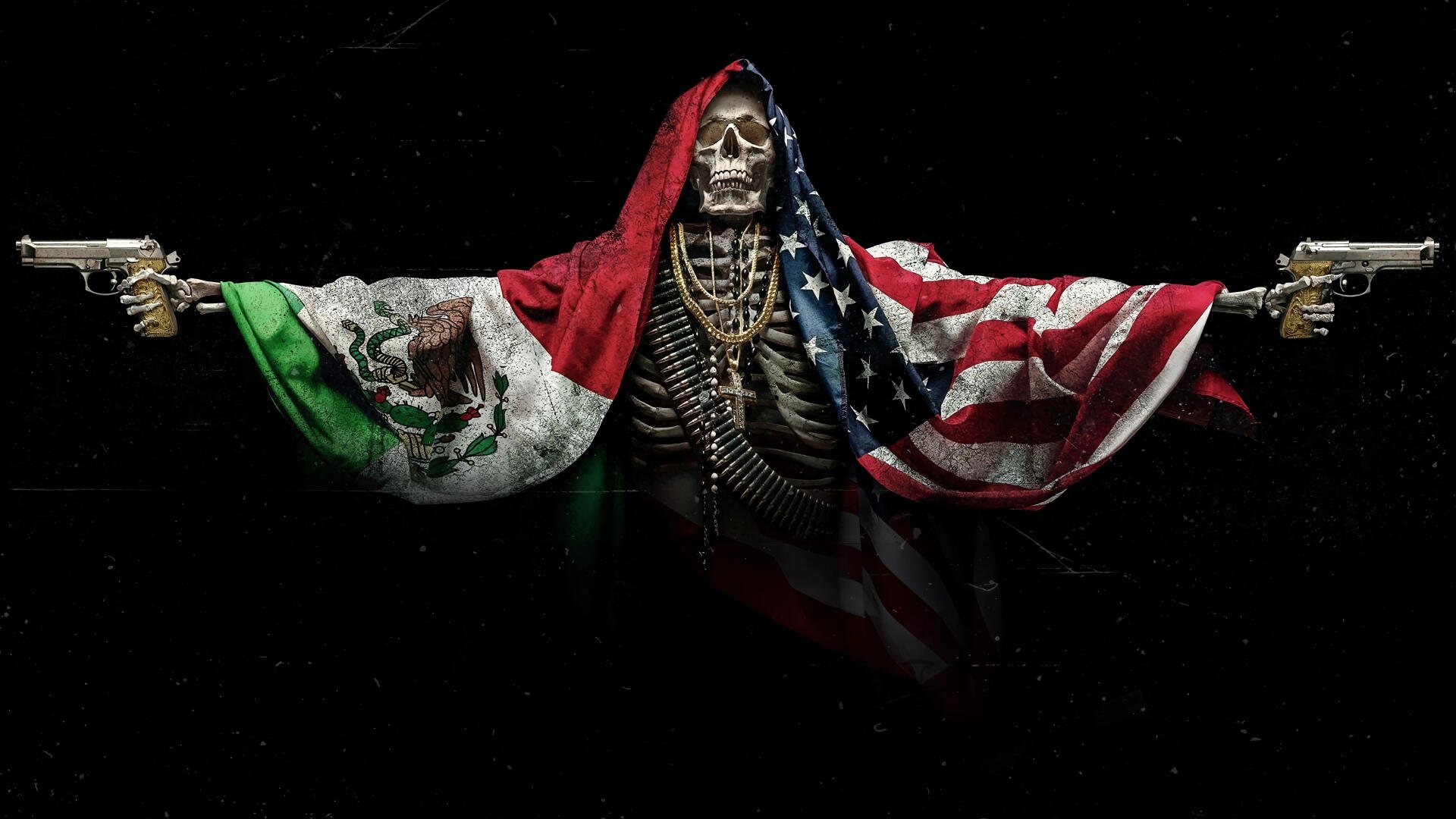Sicario: Day of the Soldado — 8K Ultra HD PC wallpaper: skeletal figure draped in Mexican and U.S. flags, arms outstretched holding pistols against a dark, gritty background.