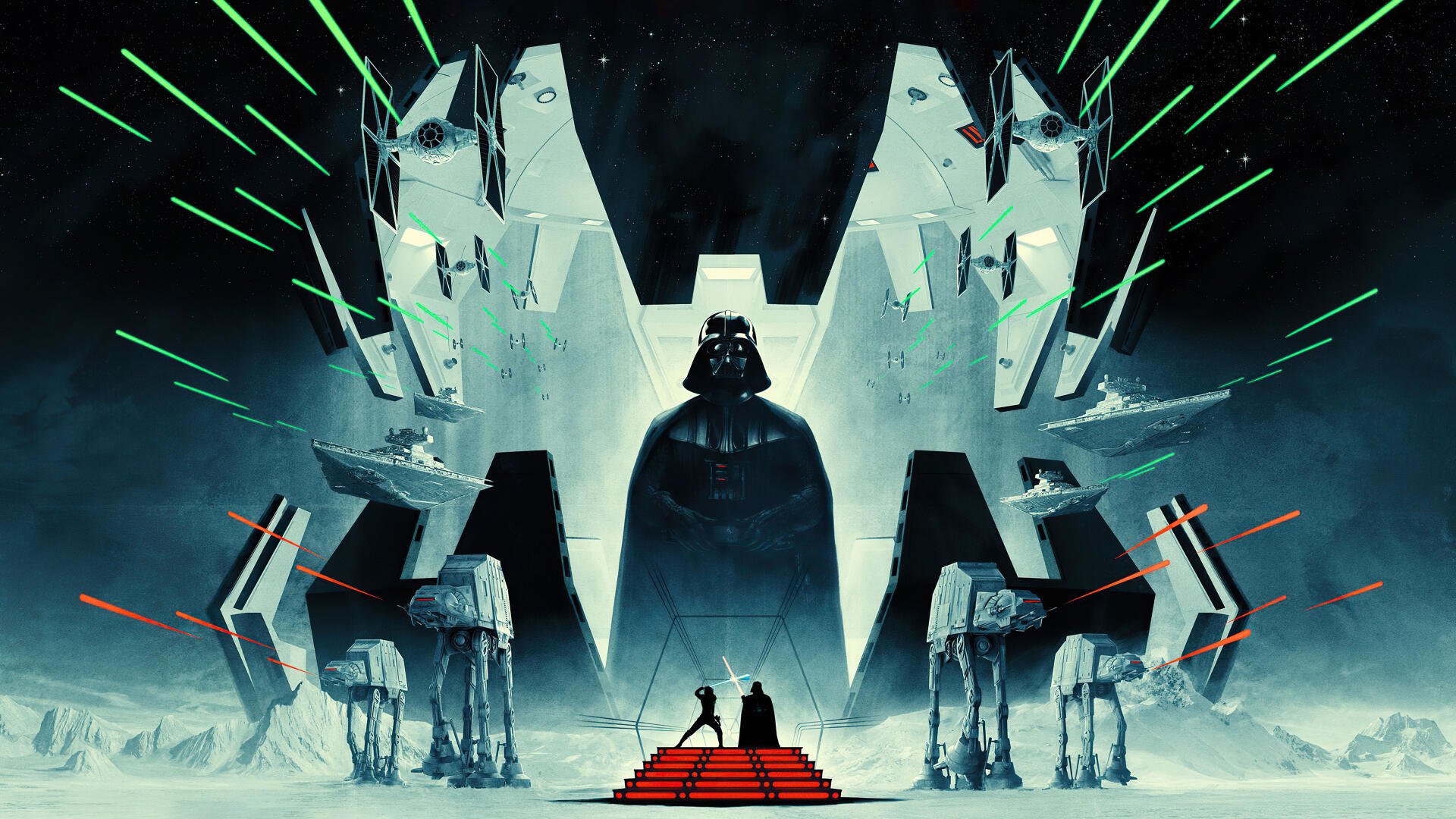 Darth Vader silhouette framed by towering Star Destroyers and AT‑AT walkers, red-lit steps and two small figures in foreground — stylized 4K Ultra HD PC desktop wallpaper.