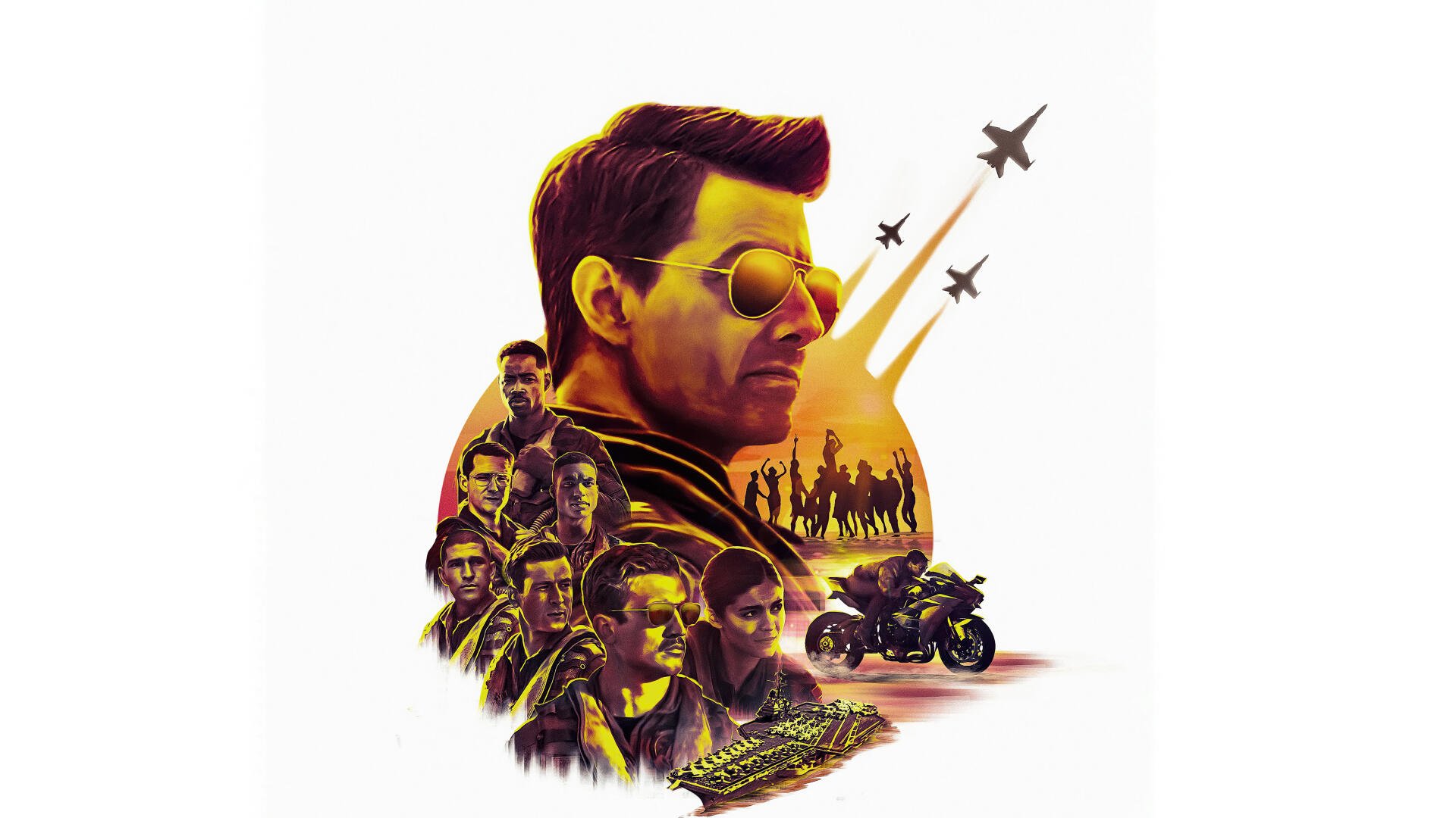Top Gun: Maverick 4K Ultra HD PC desktop wallpaper: stylized pilot profile with formation jets, crew silhouettes, motorcycle and warship set against a warm sunset backdrop.