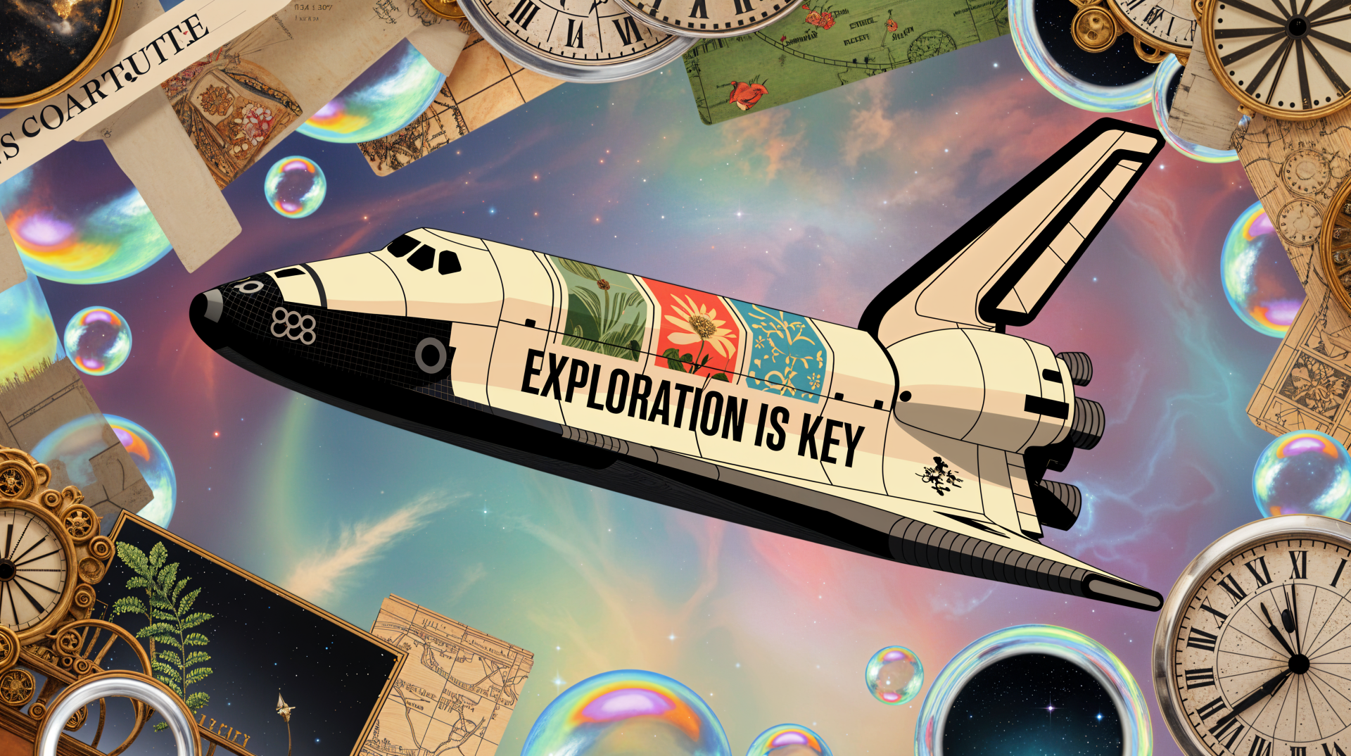 Vintage-style space shuttle labeled Exploration Is Key drifts through clocks, maps and iridescent bubbles in a colorful cosmic scene — 4K Ultra HD PC desktop wallpaper background.