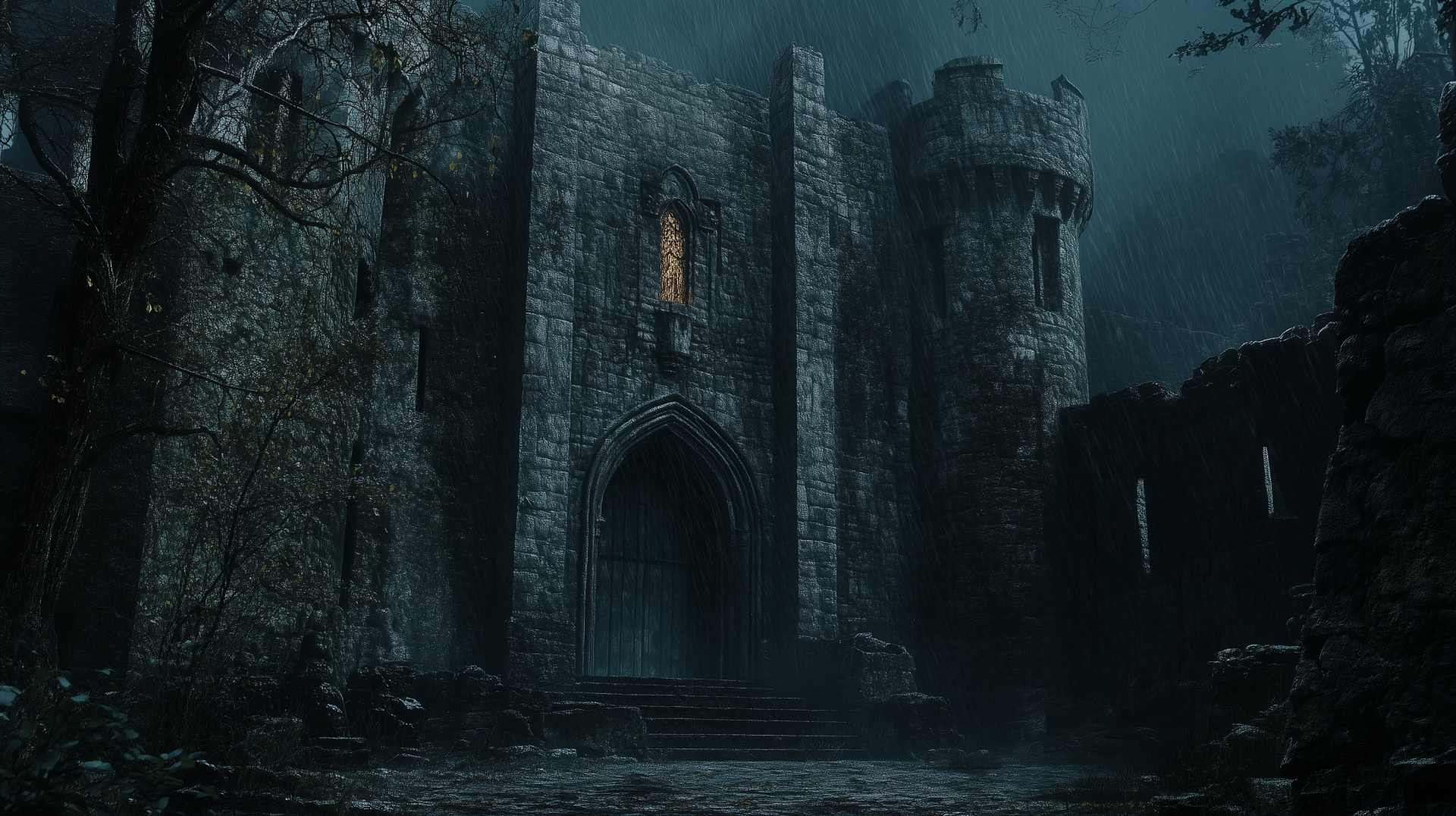HD PC desktop wallpaper, fantasy dark fortress: crumbling stone walls, a looming arched gate and stormy skies casting eerie, brooding light.