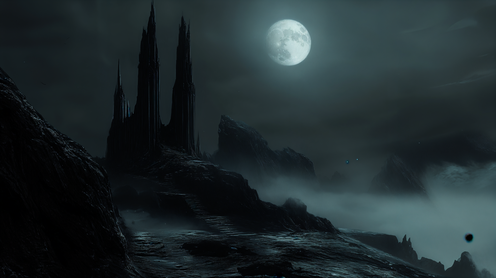 Fantasy 4K Ultra HD PC desktop wallpaper: moonlit rocky coast with jagged black spire towers rising above a misty sea beneath a full moon — dark, atmospheric background.