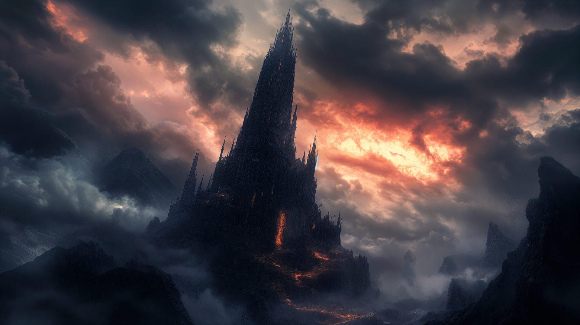 Fantasy scene of a towering black spire piercing stormy skies with molten light below — 4K Ultra HD PC desktop wallpaper and background.