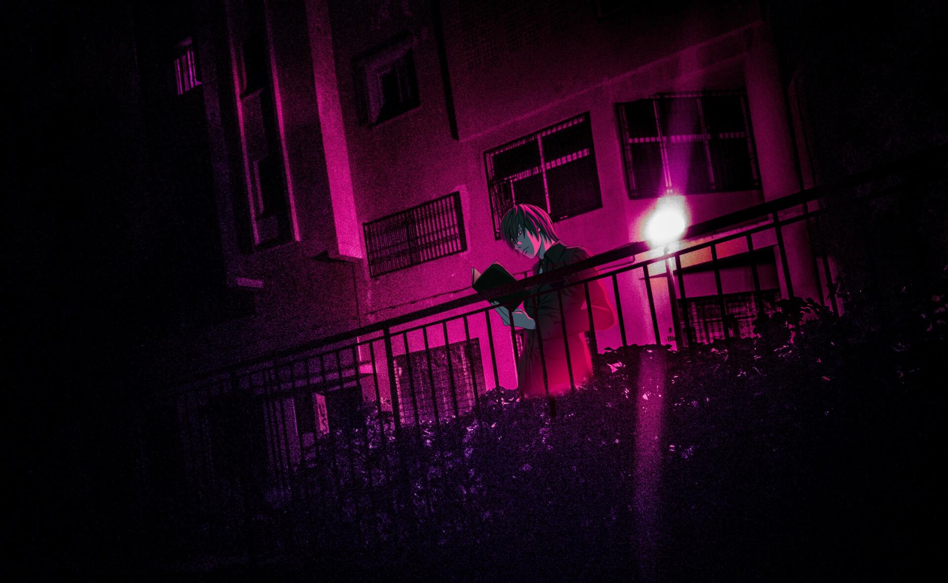 Purple-hued 4K Ultra HD PC wallpaper of Light Yagami (Death Note) on a balcony at night, anime figure bathed in neon glow.