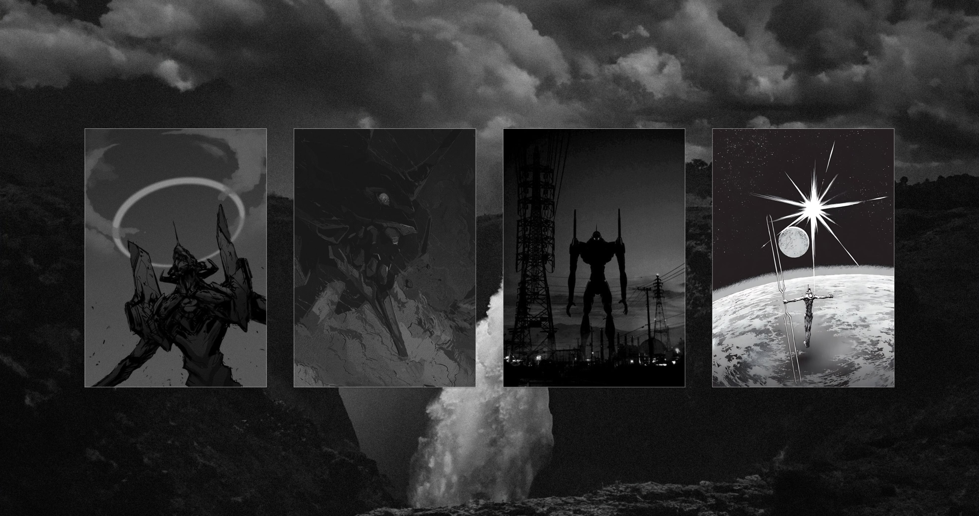 4K Ultra HD PC wallpaper: Neon Genesis Evangelion dark anime/manga montage—four panels of Evangelion Unit‑01 silhouettes over stormy clouds, moon and industrial skyline.