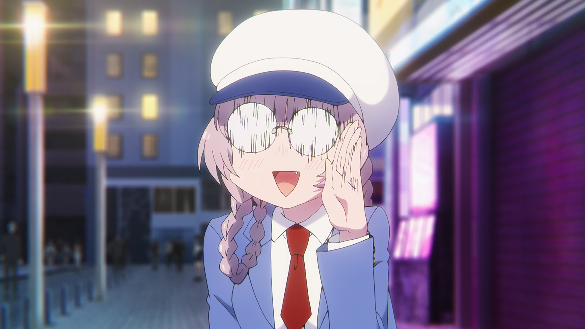 Anime wallpaper: Nazuna Nanakusa (Call of the Night) grinning with reflective glasses, white cap, braids and school uniform against a neon-lit night street — HD PC desktop background.