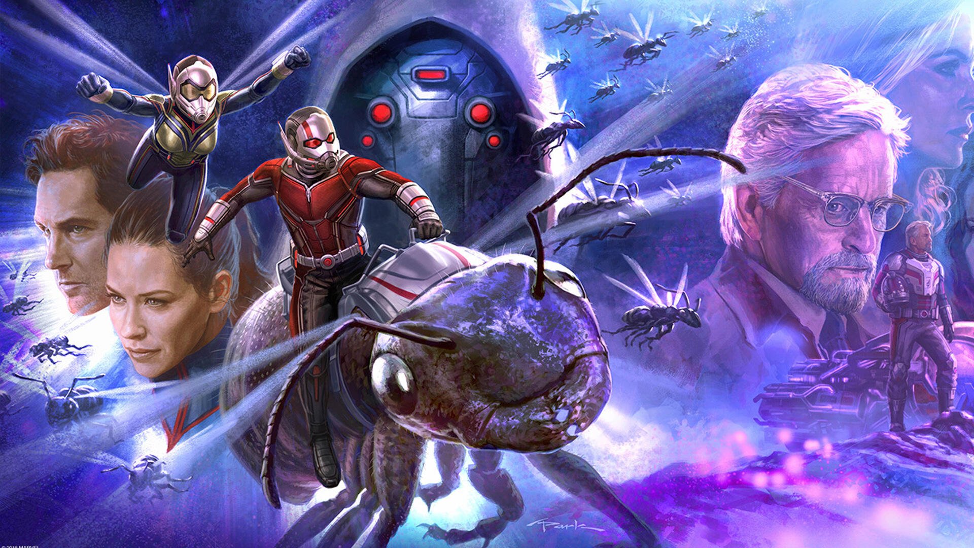 Ant-Man and the Wasp HD PC desktop wallpaper and background: Ant-Man on a giant ant with the Wasp, allies and futuristic tech set against a dramatic purple‑blue sci‑fi sky.