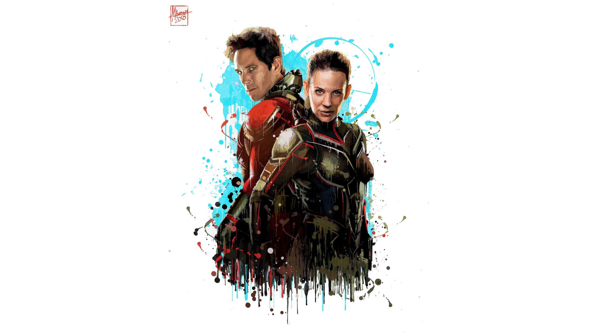4K Ultra HD PC desktop wallpaper: Ant-Man and the Wasp back-to-back with vibrant paint-splatter and dripping ink effects on a white background.