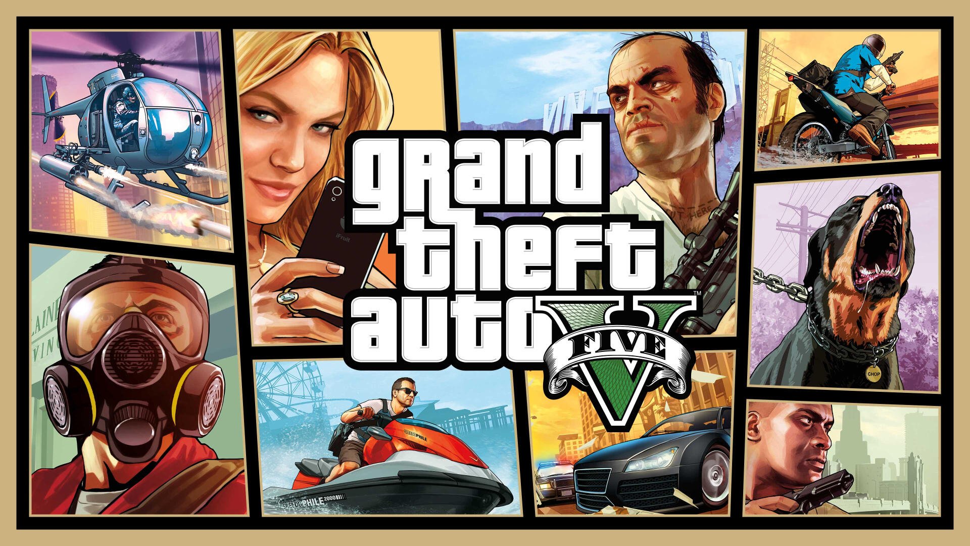 Grand Theft Auto V 4K Ultra HD PC desktop wallpaper and background showing a vibrant collage of game characters, vehicles, helicopter, dog and the GTA V logo in comic-style panels.