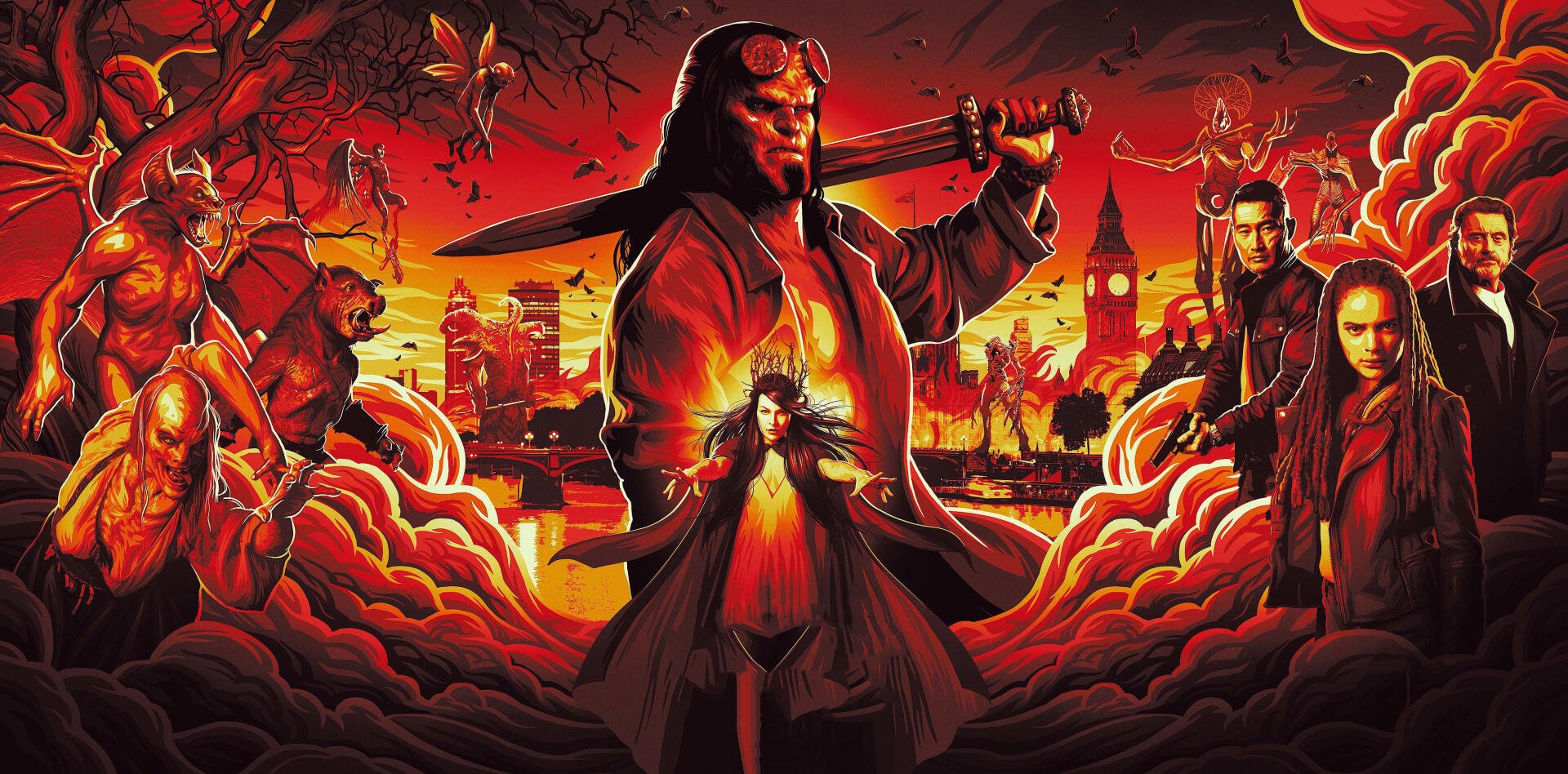 Hellboy (2019) HD PC desktop wallpaper: Hellboy stands center with sword raised amid red-orange clouds and city skyline, flanked by allies and foes in a dramatic comic-book style.