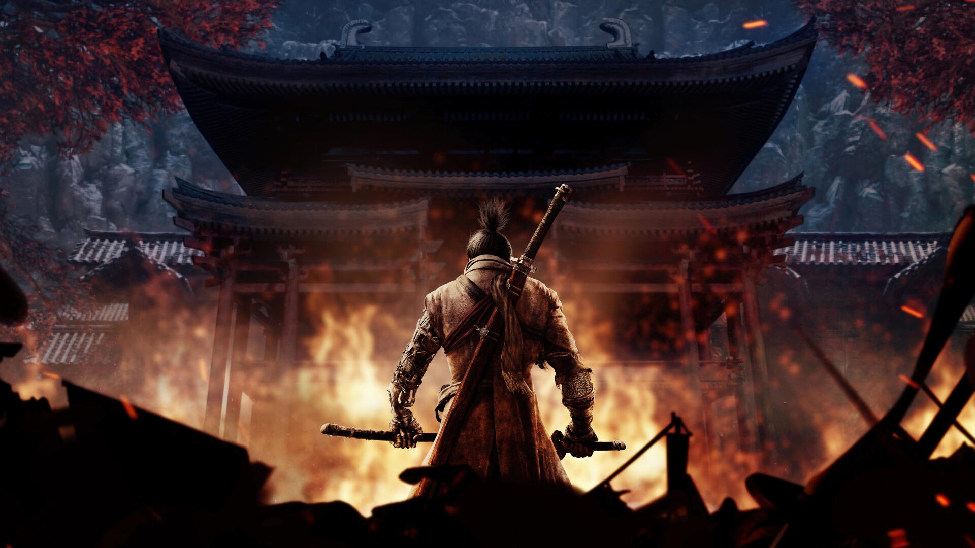 Sekiro: Shadows Die Twice — 4K Ultra HD PC desktop wallpaper/background: lone shinobi with katana stands before a burning temple as embers and red leaves swirl.