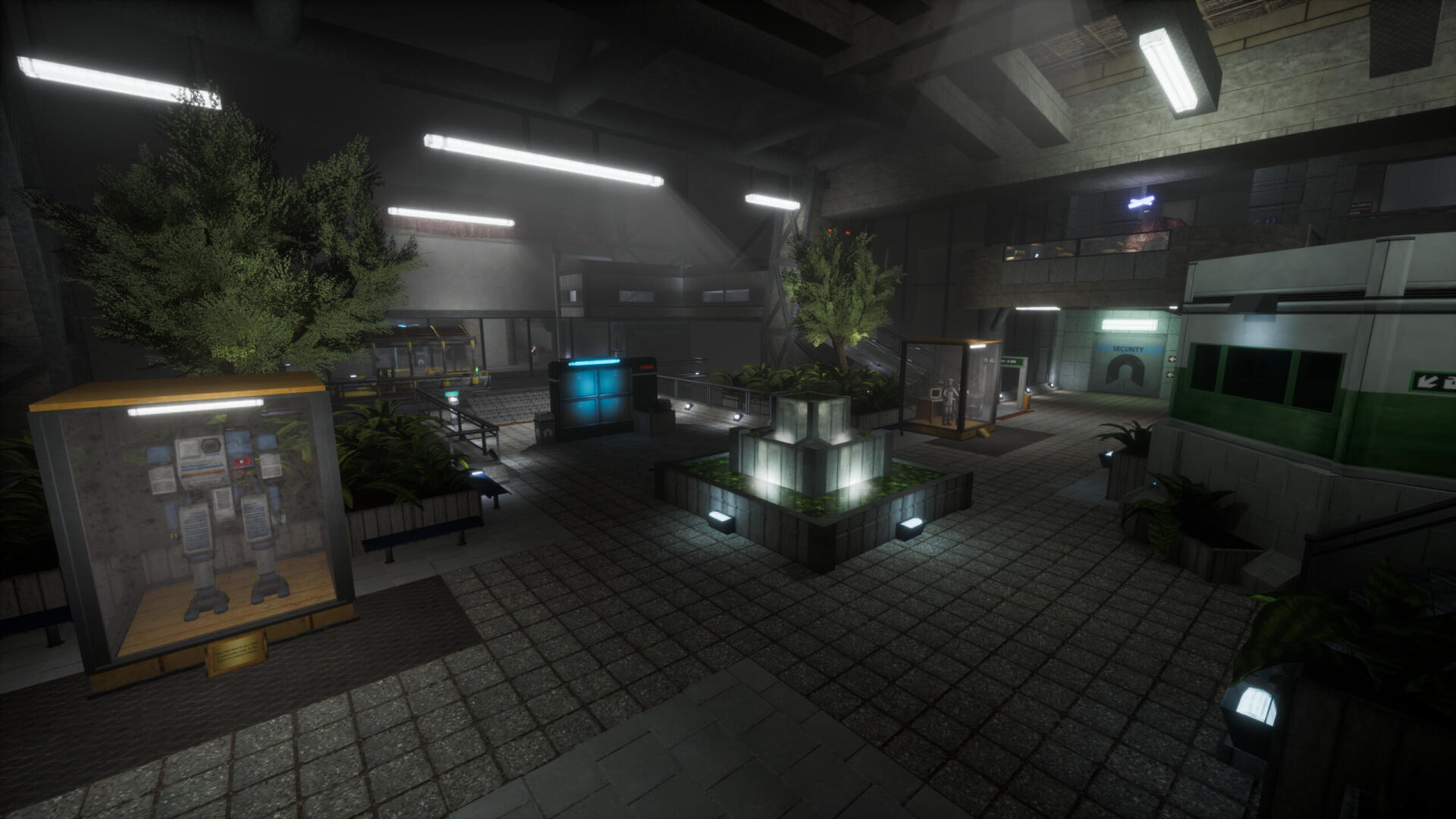 HD PC desktop wallpaper from the video game Abiotic Factor — dim, moody sci‑fi interior atrium with tiled floor, planters, kiosks and glowing consoles.