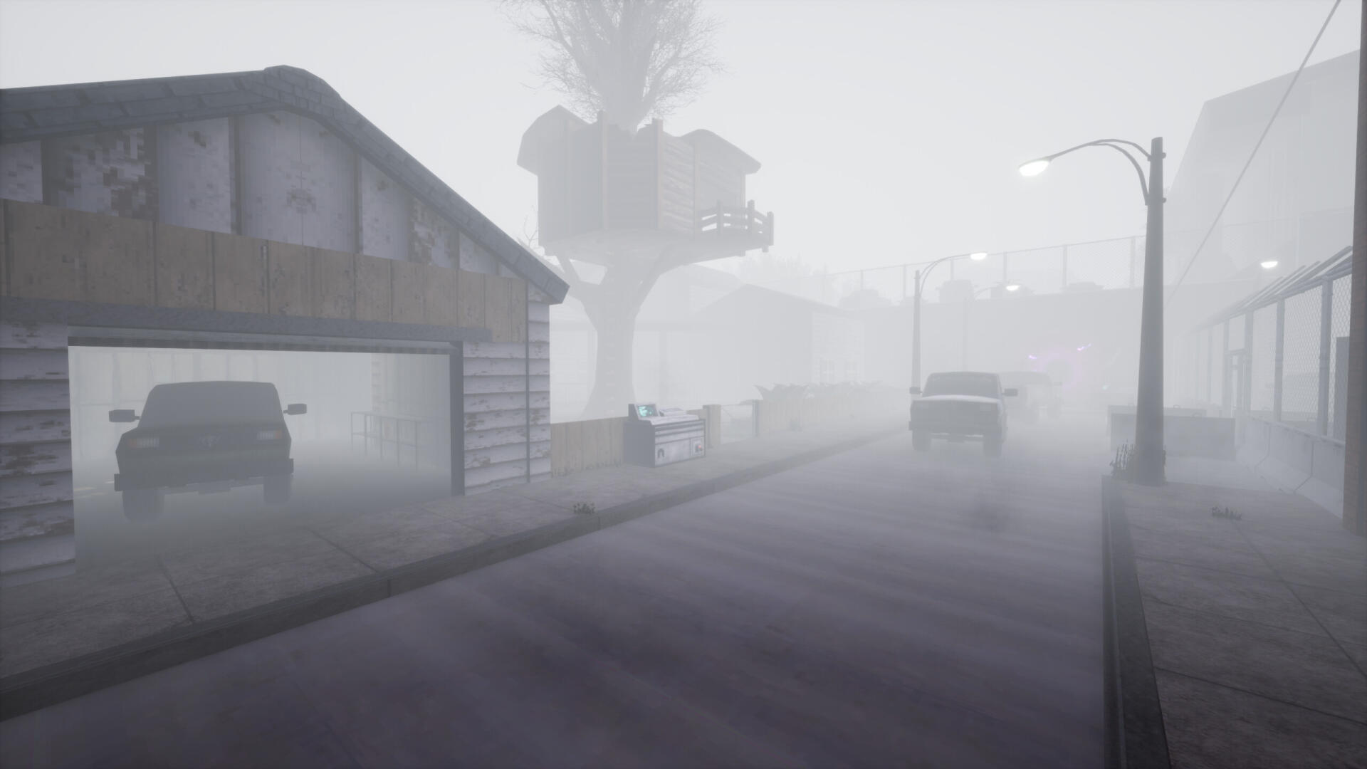 HD PC desktop wallpaper for the video game Abiotic Factor: fog-shrouded suburban street with parked cars, muted houses and dim streetlights fading into the mist.