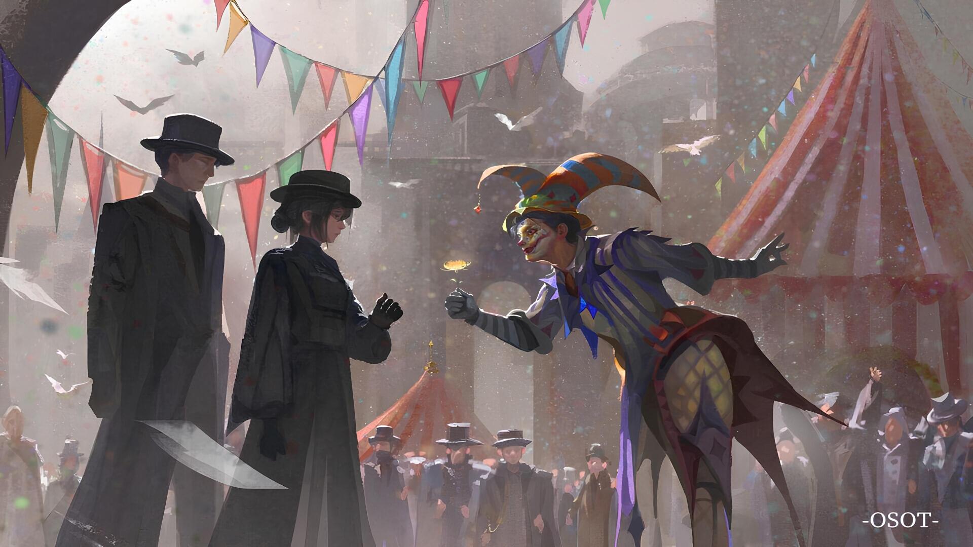 Novel 4K Ultra HD PC desktop wallpaper: painted carnival scene with a colorful jester offering a glowing orb to two dark-suited figures beneath bunting and striped tents.