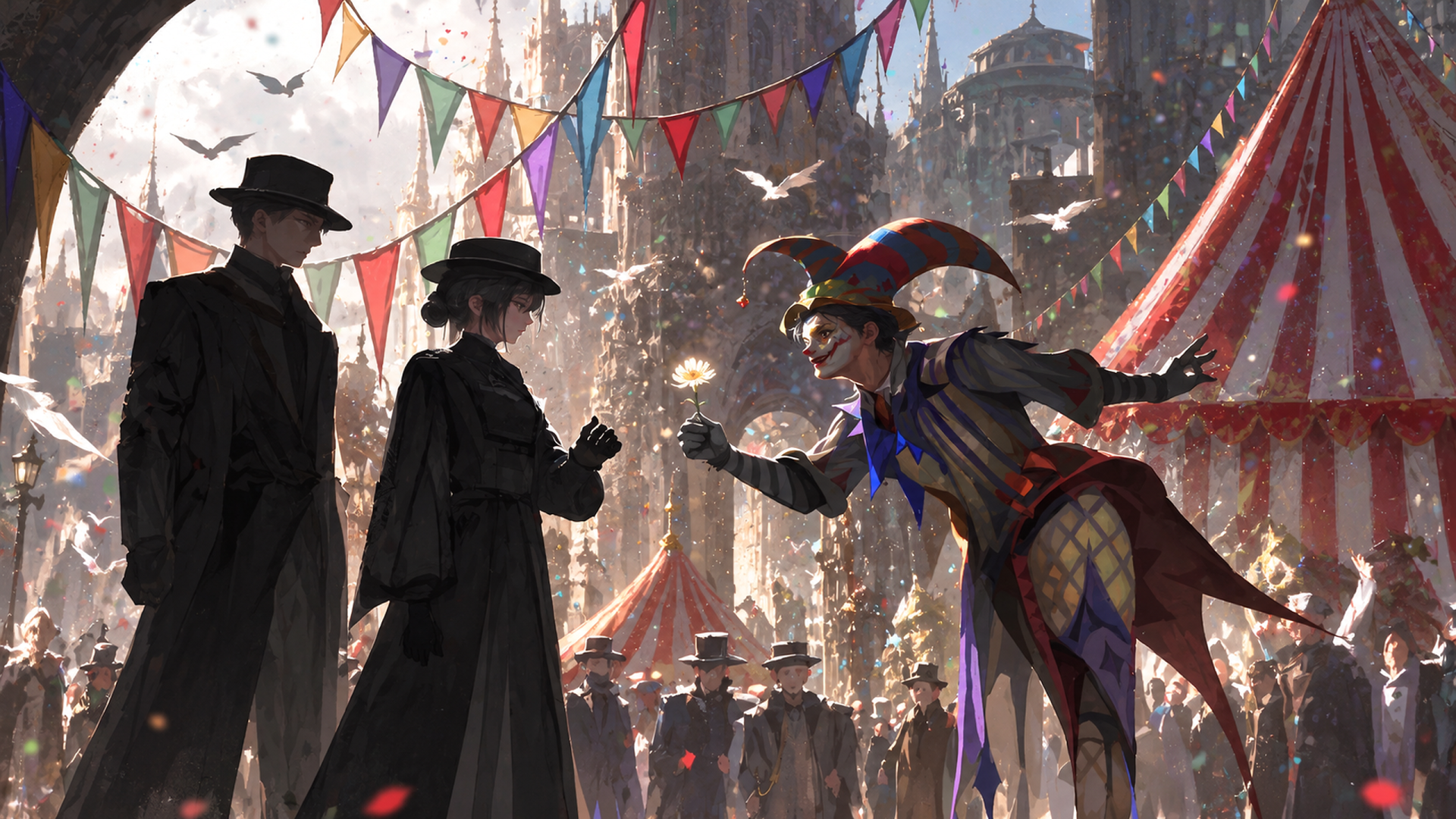 Novel Lord of Mysteries 2K Quad HD PC desktop wallpaper and background: misty carnival with bunting - two cloaked investigators face a colorful jester before tents and a gathered crowd.