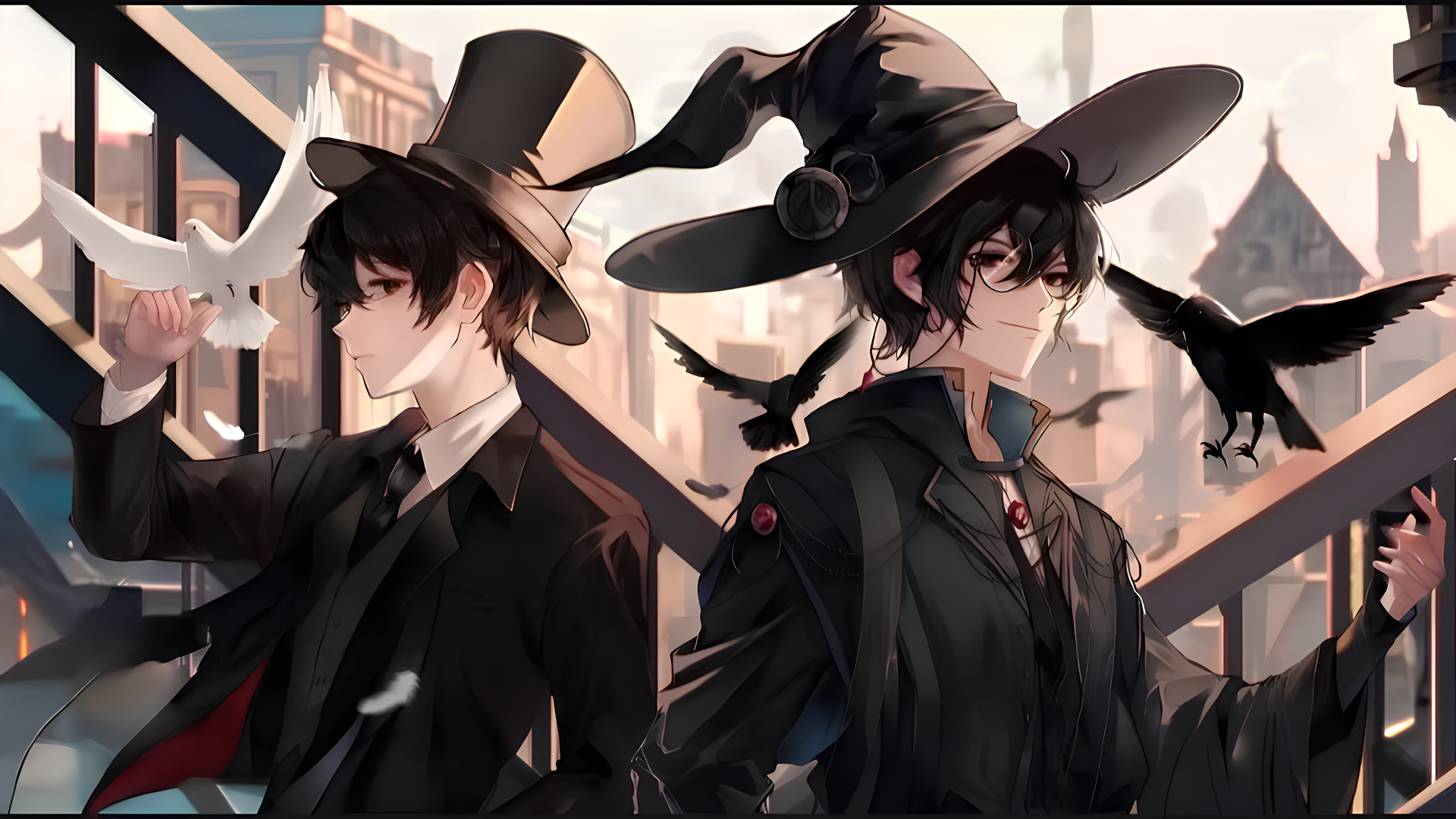 Novel 4K Ultra HD PC desktop wallpaper and background: two darkly dressed characters in wide-brim hats stand back-to-back on rooftops, one with a white dove, one with a black crow.