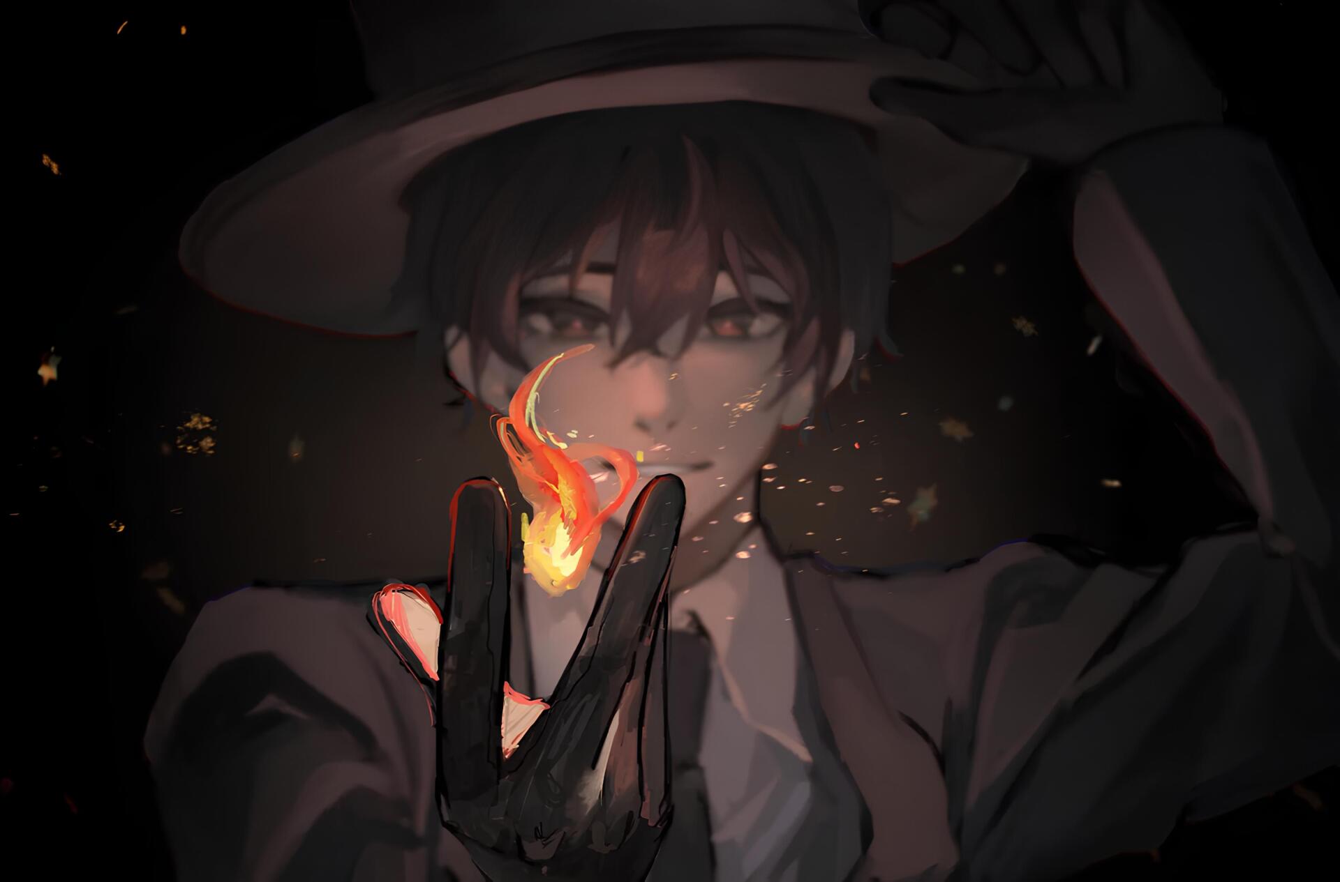 Novel-themed HD PC desktop wallpaper: moody anime-style figure in a wide-brim hat cradling a small flame between gloved fingers against a dark, starry background.