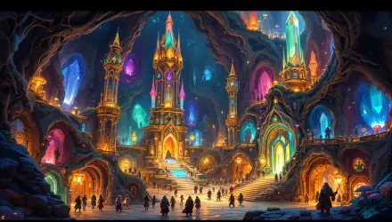A vibrant dwarven underground city illuminated by colorful crystals, featuring grand architecture and bustling figures, designed as a stunning 4K Ultra HD wallpaper for desktop backgrounds.