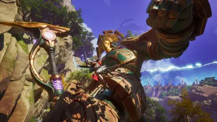 A stunning 4K Ultra HD wallpaper featuring a colossal mech from the video game Eternal Strands, set against a vibrant landscape and dynamic sky.