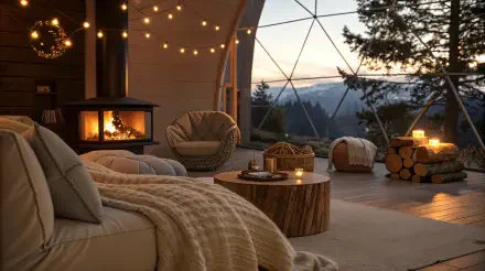 A cozy evening scene featuring a warm, inviting interior with a fireplace, comfortable seating, and soft lighting, set against a backdrop of nature and a serene sunset. 4K Ultra HD wallpaper.