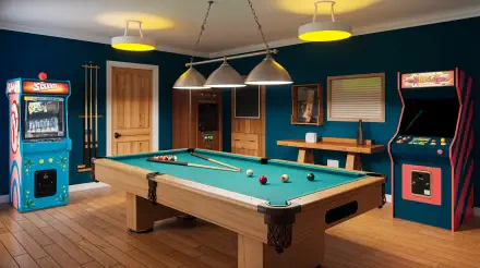 A vibrant game room featuring a pool table, arcade machines, and warm lighting, showcased in 4K Ultra HD quality for a striking desktop wallpaper and background.
