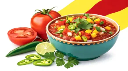 Vibrant bowl of salsa featuring fresh tomatoes, cilantro, and peppers, set against a colorful background, showcasing a delicious and inviting 4K Ultra HD aesthetic.