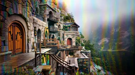 A stunning dwarven stronghold, featuring intricate stone architecture and wooden accents, nestled among lush mountainous scenery. 4K Ultra HD wallpaper for a breathtaking desktop background.