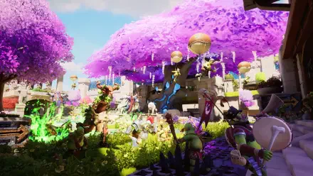 An HD wallpaper from the video game *Orcs Must Die! Deathtrap*, featuring vibrant landscapes with orcs and magical elements under a canopy of purple trees.