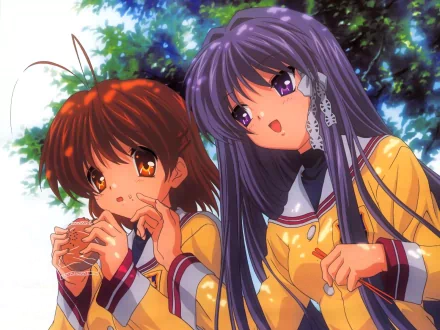 HD PC desktop wallpaper featuring Kyou Fujibayashi and Nagisa Furukawa from the anime Clannad, showcasing vibrant colors and detailed character art.
