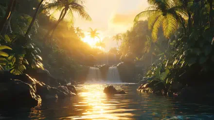 A serene landscape during golden hour, featuring lush palm trees and a tranquil waterfall cascading into a reflective pool, embodying the beauty of nature in fall.