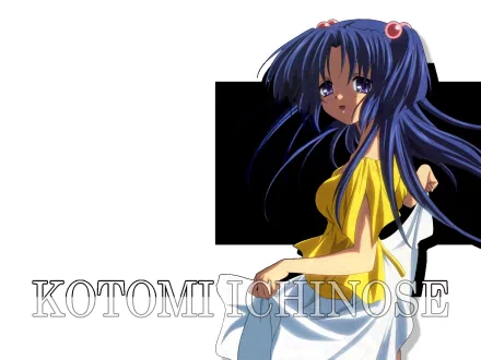 HD PC desktop wallpaper of Kotomi Ichinose (Clannad) — anime portrait of her with long blue hair and a yellow blouse against a minimalist black-and-white background.