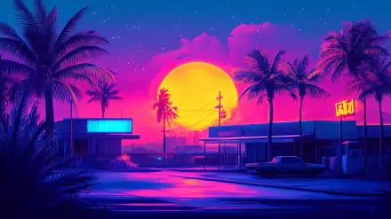 A vibrant vaporwave cityscape featuring neon lights, palm trees, and a large sunset, creating a retro-futuristic atmosphere ideal for HD desktop backgrounds.
