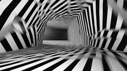 Abstract black and white geometric art featuring 3D patterns that create an illusion of infinite depth, designed as a high-definition desktop wallpaper.