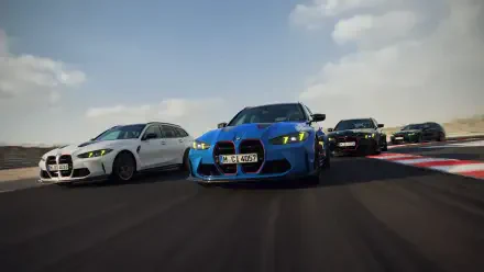A striking HD wallpaper featuring the BMW M3 CS Touring among other BMW vehicles, showcasing their sleek designs and performance on a dynamic racetrack setting.